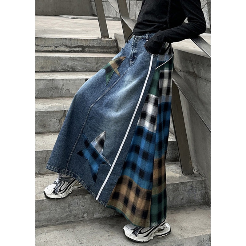 Loose Blue Plaid High Waist Patchwork Denim Skirt Spring