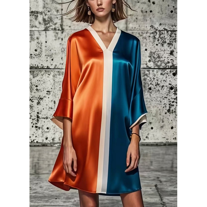Loose Colorblock V Neck Patchwork Silk Mini Dresses Summer
