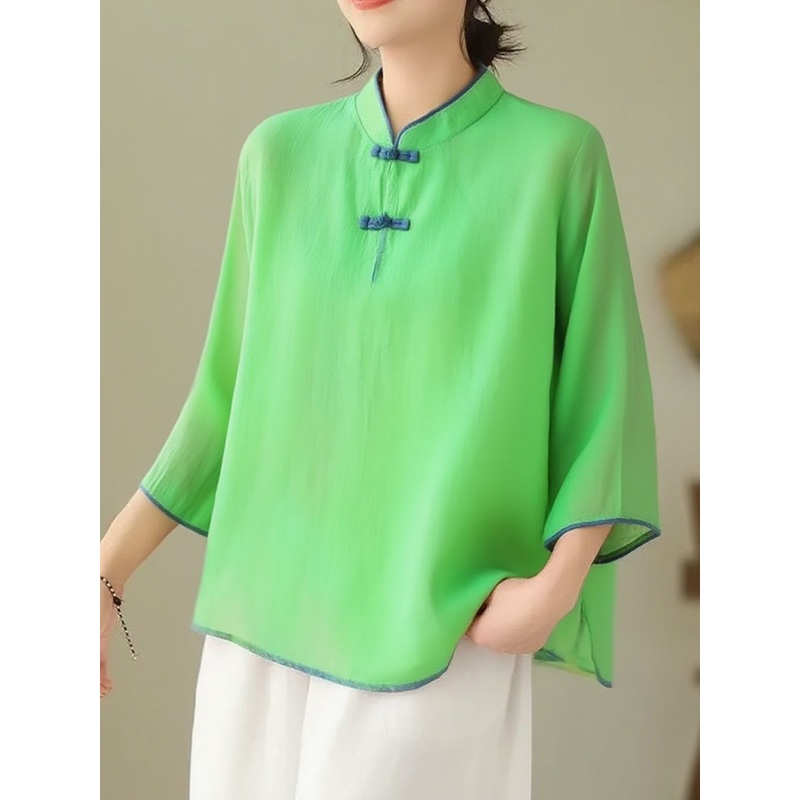 Loose Fruit green Stand Collar Embroideried Print Cotton Shirt Bracelet Sleeve