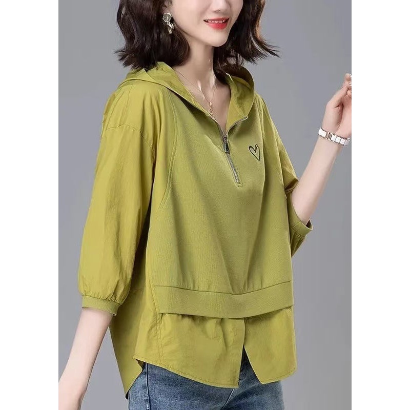 Loose Yellow Hooded Zippered Patchwork Cotton Tops Summer