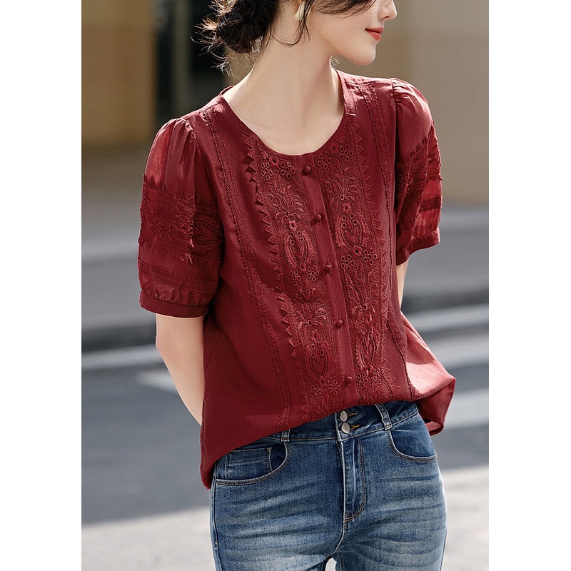 Natural Red O-Neck Embroidered Cotton Blouses Summer