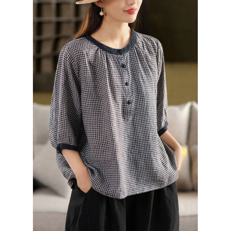 Organic Blue Oversized Plaid Linen Shirts Summer