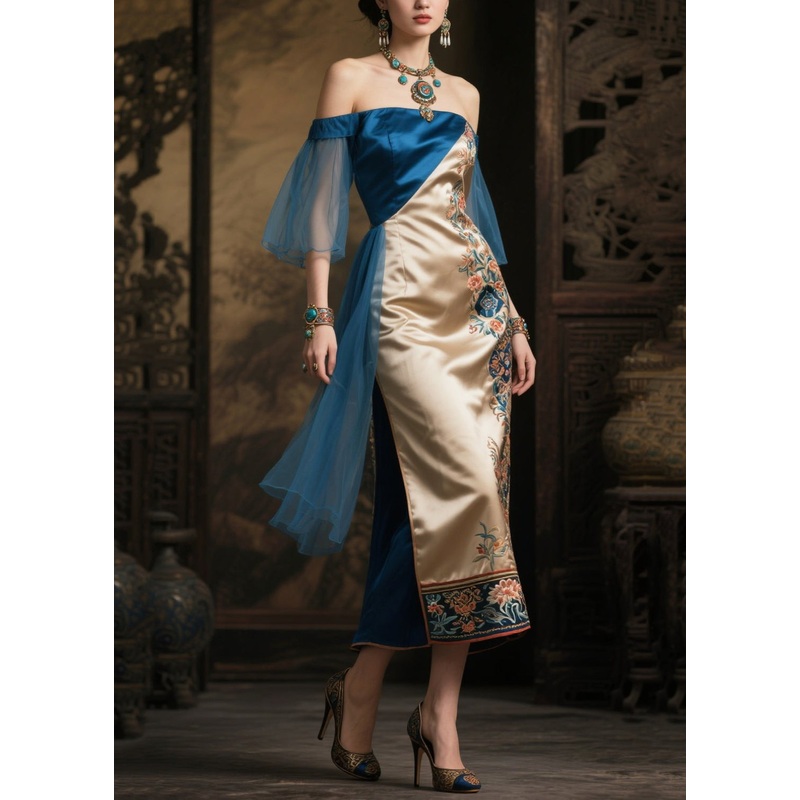 Peacock Blue Tulle Patchwork Print Silk Dresses Backless Summer