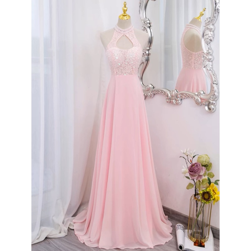 Pink Halter A Line Chiffon Long Prom Dress  J3187