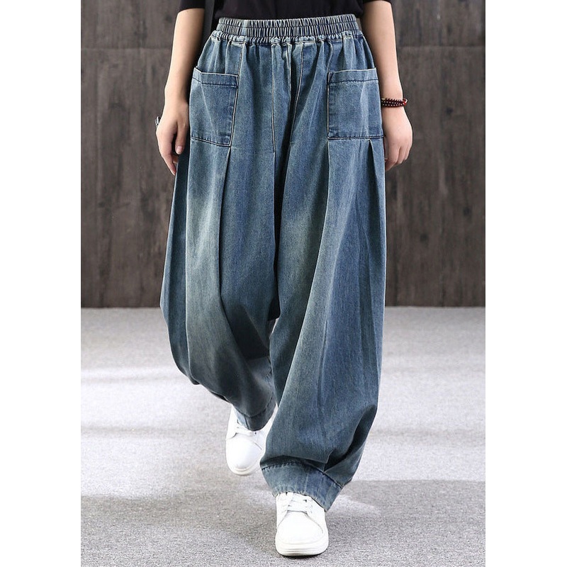 Plus Size Blue Patchwork Pockets Denim Lantern Pants Summer