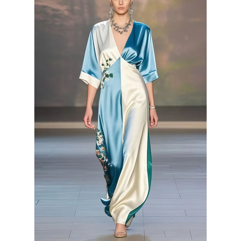 Plus Size Colorblock V Neck Print Silk Dresses Half Sleeve