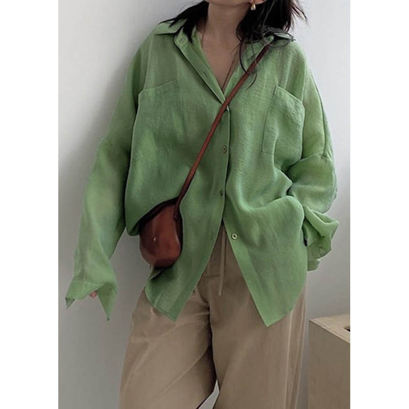 Plus Size Green Button Pockets Solid Cotton Blouses Fall