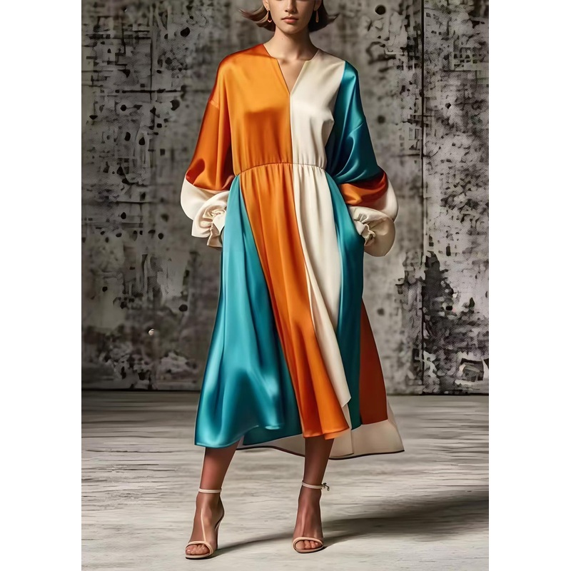 Plus Size Orange Oversized Patchwork Silk Vacation Dresses Spring