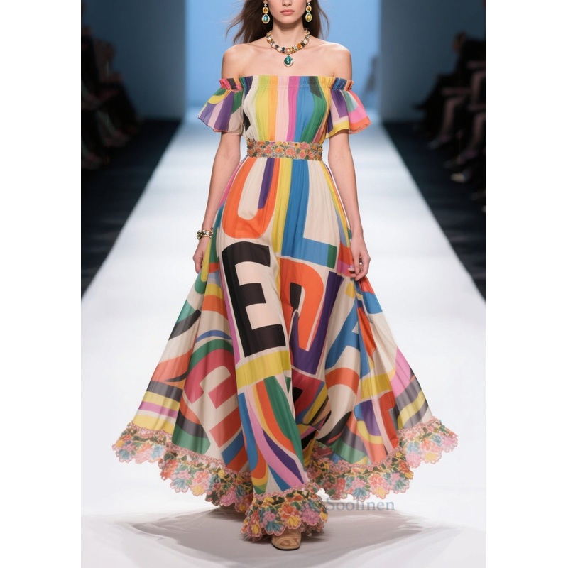 Rainbow Print Chiffon Strapless Dresses Cold Shoulder Summer