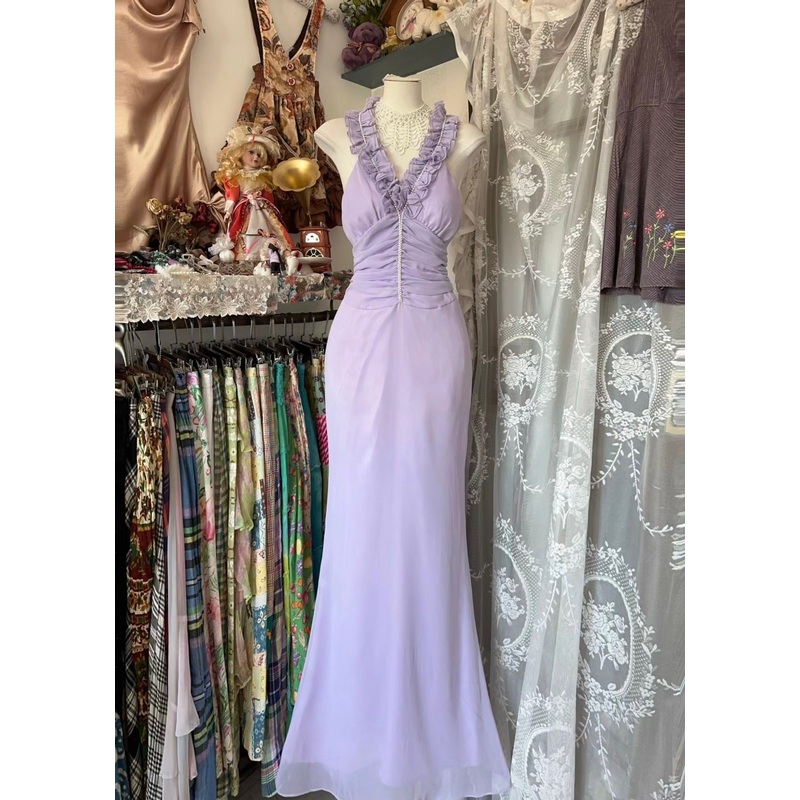 Ruffle V Neck Long Mermaid Prom Dress Lavender Vintage Party Dress J5024
