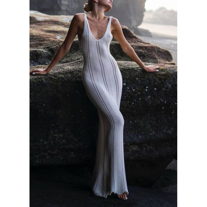Sexy White V Neck Backless Knit Strap Long Dress Summer