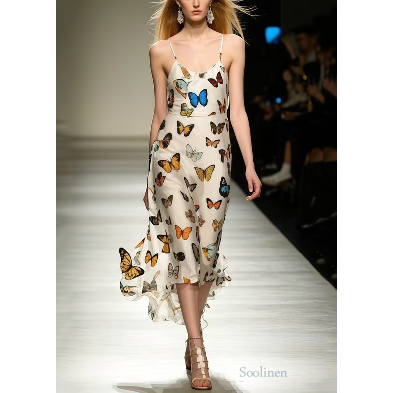 Silm Fit Polychrome Butterfly Chiffon Spaghetti Strap Dress Summer
