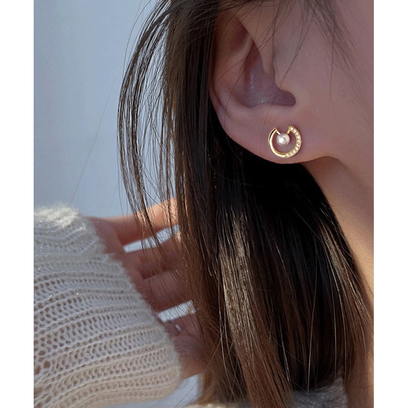 Simple Gold Copper Pearl Zircon Stud Earrings