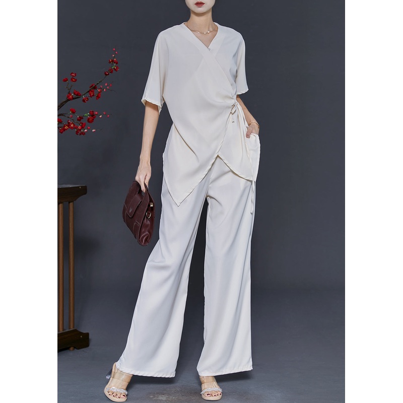 Simple Milk White Asymmetrical Tie Waist Silk Two Piece Suit Set Summer