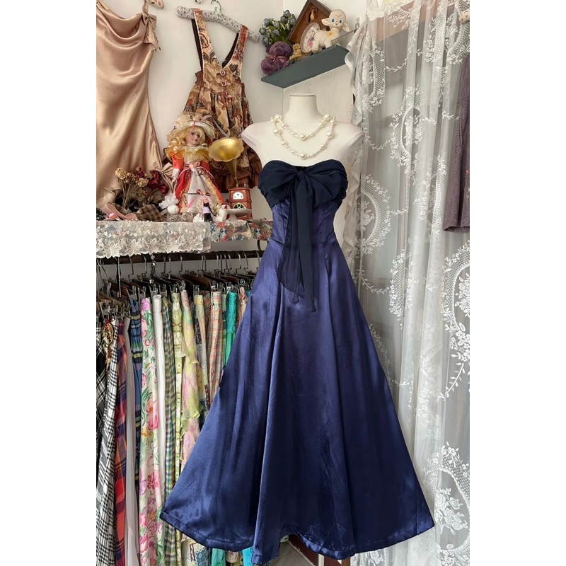 Strapless A Line Satin Navy Blue Prom Dress Satin Vintage Evening Dress J6311