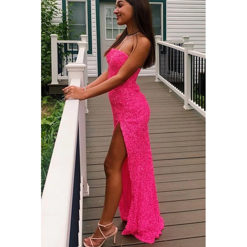 Strapless Hot Pink Sequins Long Prom Dress Sheath Evening Dress With Slit 2474