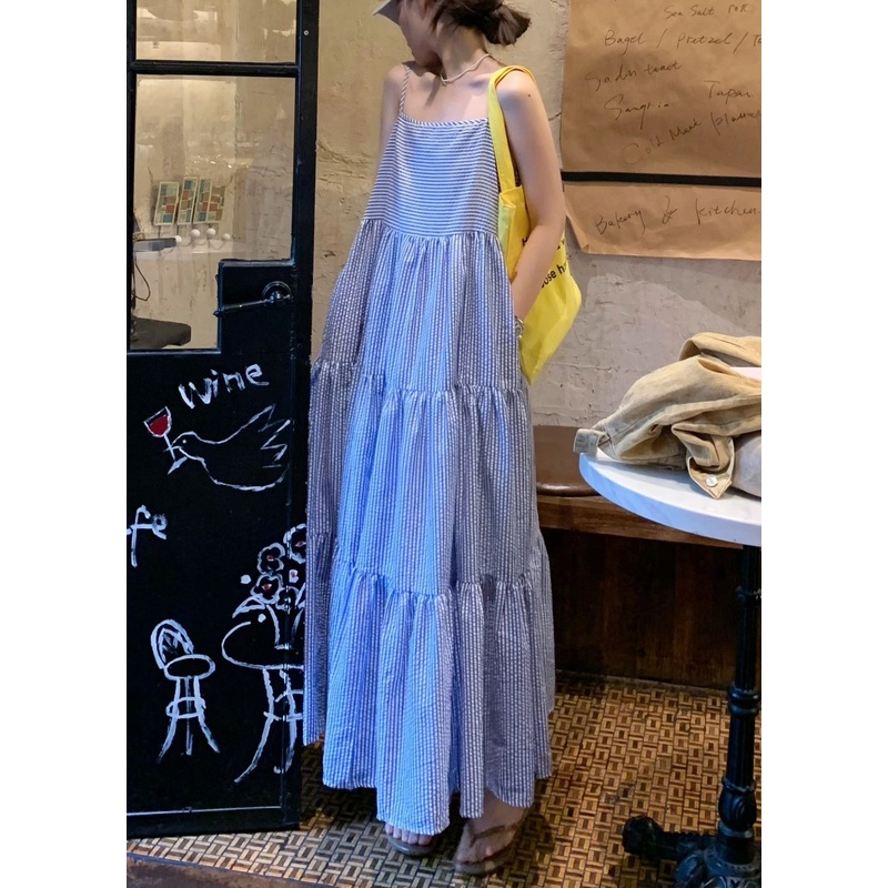 Striped Blue Wrinkled Pockets Cotton Spaghetti Strap Dress Sleeveless