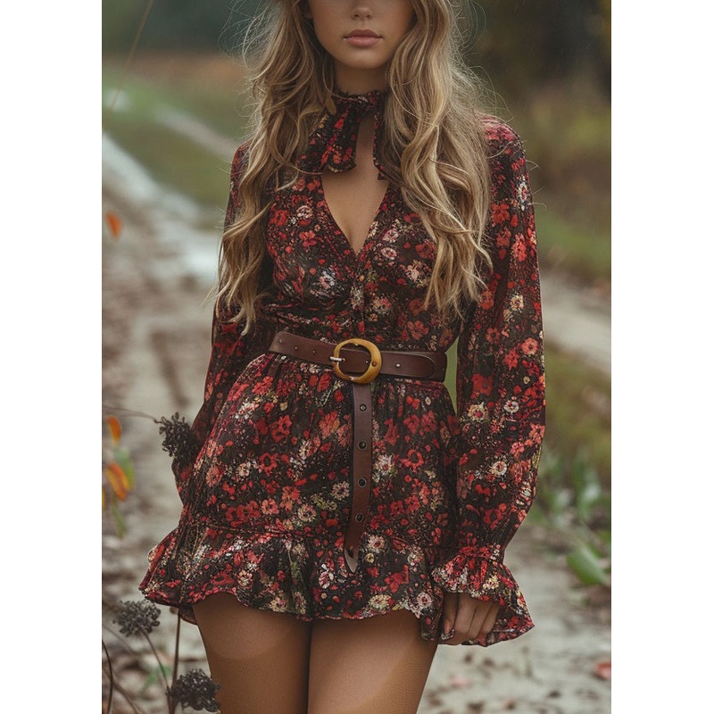 Style V Neck Ruffled Print Cotton Mini Dress Long Sleeve