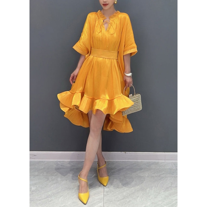 Style Yellow Ruffled Patchwork Low High Design Maxi Dress Summer