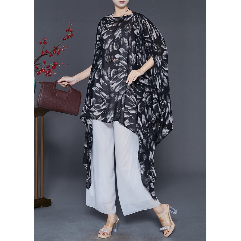Stylish Black Oversized Print Chiffon Shirts Batwing Sleeve