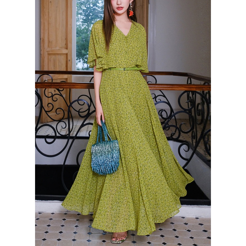Stylish Green V Neck Print Sashes Chiffon Maxi Dresses Summer