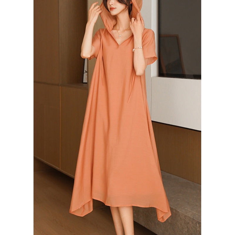 Stylish Loose Orange Hooded Cotton Long Dress Summer