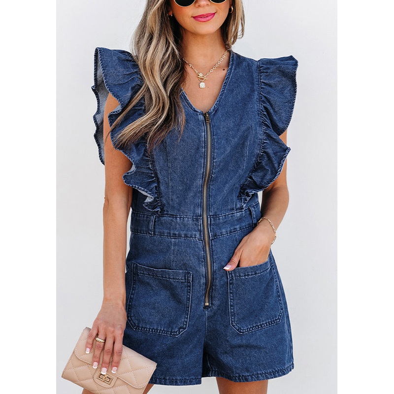 Stylish Navy O-Neck Ruffled Zippered Denim Jumpsuit Short Sleeve