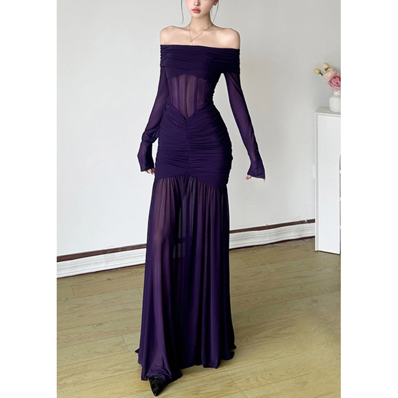 Stylish Purple Slash Neck Wrinkled Tulle Maxi Dresses Spring