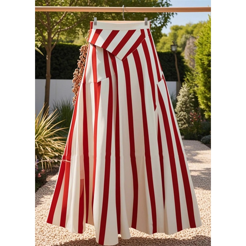 Stylish Red Asymmetrical Striped High Waist Cotton Skirt Summer