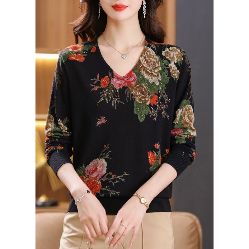 Unique Black V Neck Print Zircon Woolen Knit Sweaters Spring