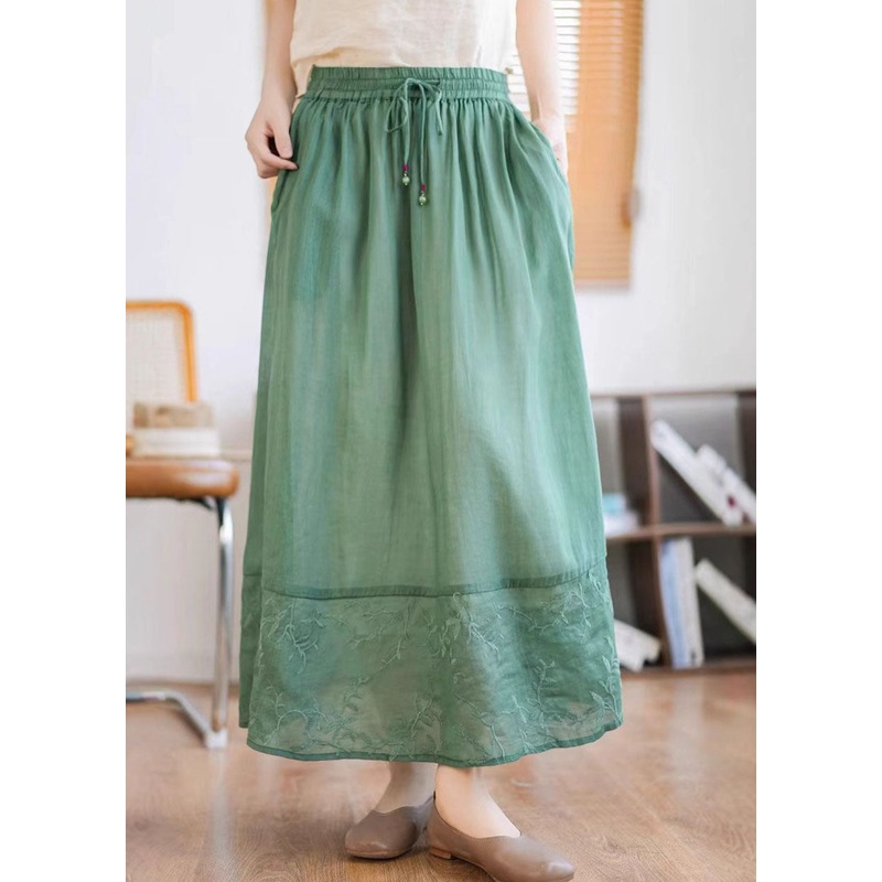 Unique Green Embroidered Patchwork Linen Skirt Summer
