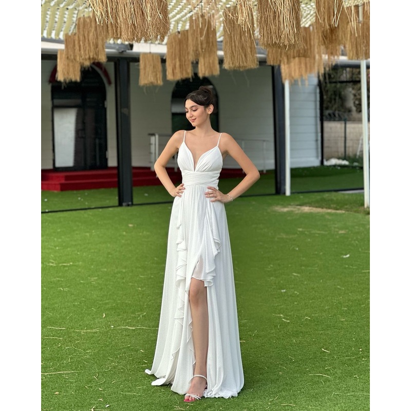 V Neck A Line Long Prom Dress Ruffle White Wedding Dress J5138