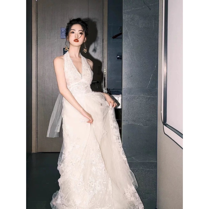 V Neck Lace A Line Long Prom Dress Ivory Wedding Dress J5097