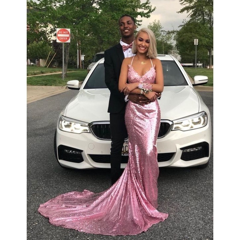 V Neck Sequin Pink Prom Dress Spaghetti Straps Mermaid Evening Dress J2566