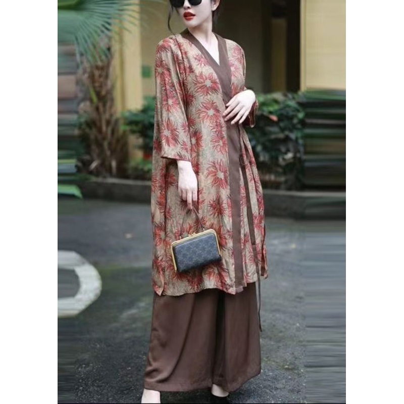 Vintage Coffee V Neck Print Lace Up Silk Cotton Two Pieces Set Spring