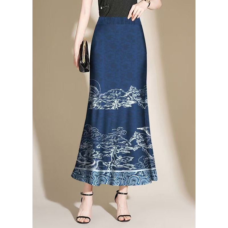 Vintage Navy Print Side Open Cotton Skirt Summer