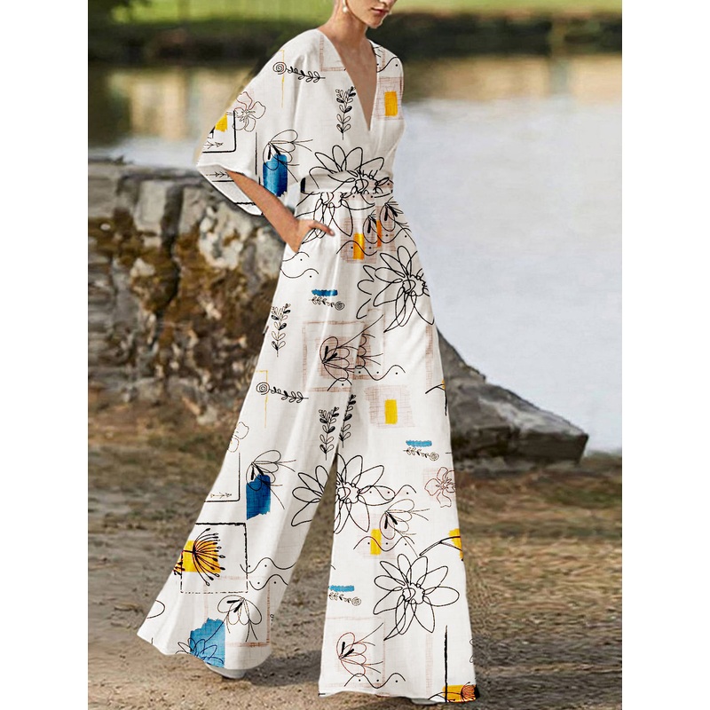 White flowers Elegant Deep V Neck Plain Half Sleeve High Waist Wide Leg Jumpsuit