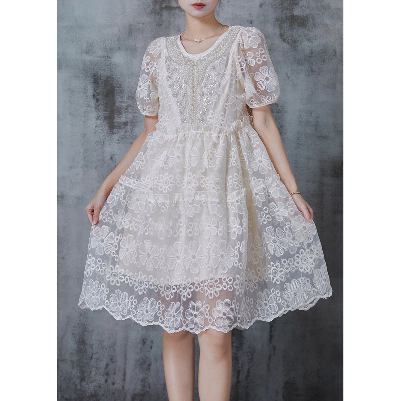 Women Beige Embroidered Nail Bead Tulle Party Dresses Summer