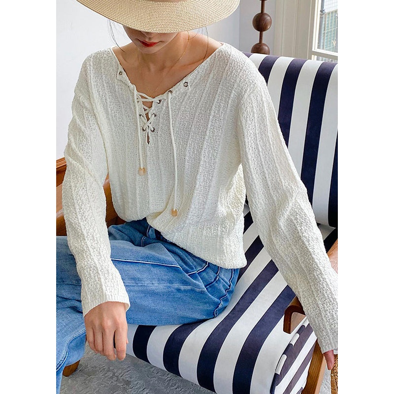 Women Beige Lace Up Solid Thin Knit Top Spring