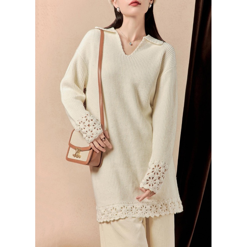 Women Beige Peter Pan Collar Hollow Out Knit Mid Dress Spring