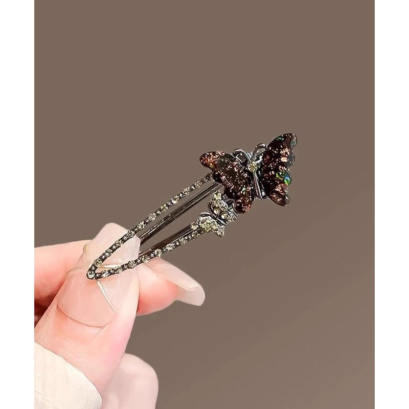 Women Black Alloy Zircon Coloured Glaze Butterfly Hairpin