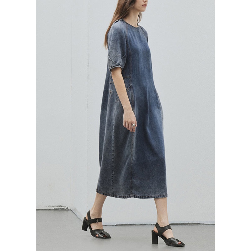 Women Blue O Neck Pockets Patchwork Denim Dress Summer