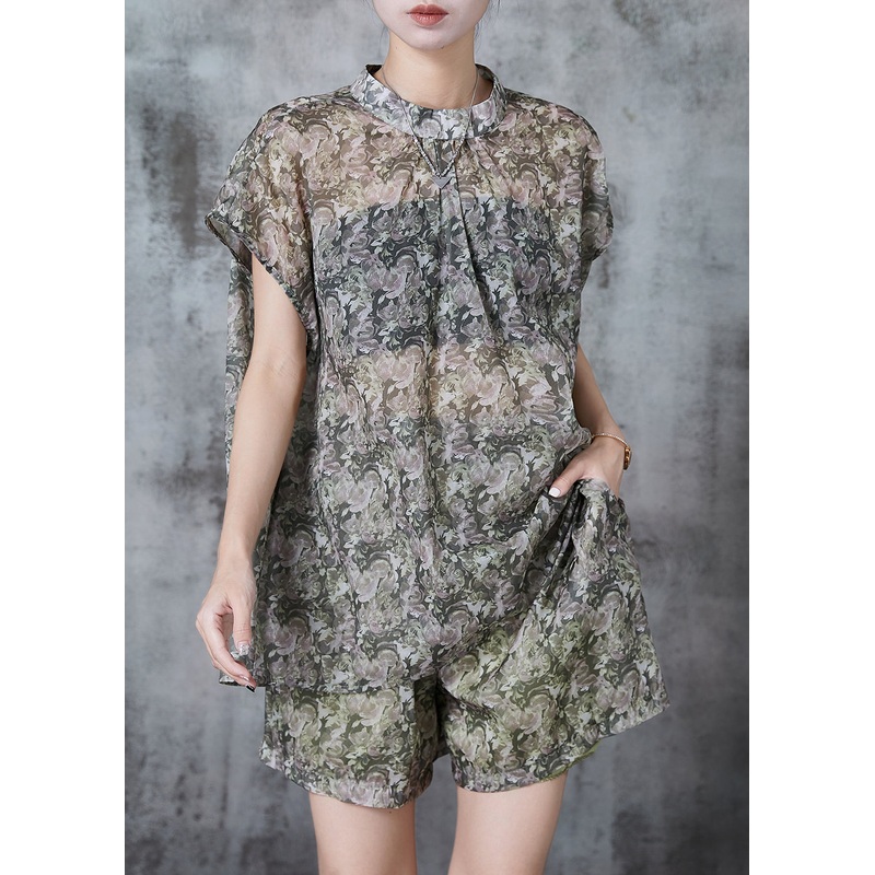 Women Stand Collar Print Chiffon Women Sets 2 Pieces Summer