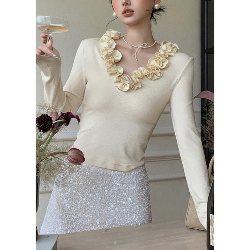 Apricot Ruffled Solid Cotton T Shirt V Neck Spring