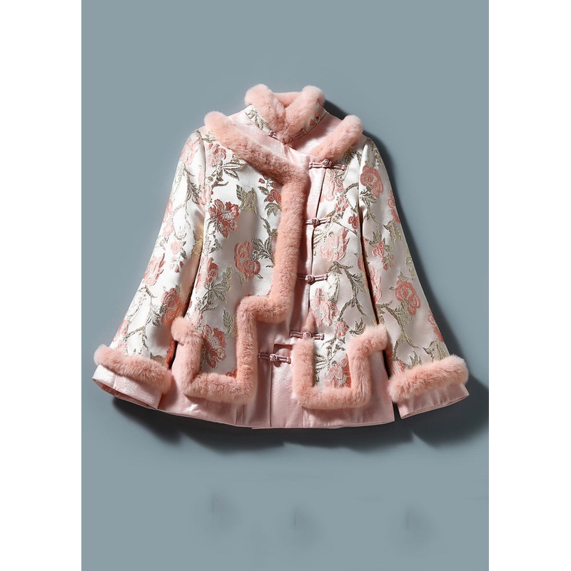 Art Pink Embroidery Button Patchwork Parkas Winter