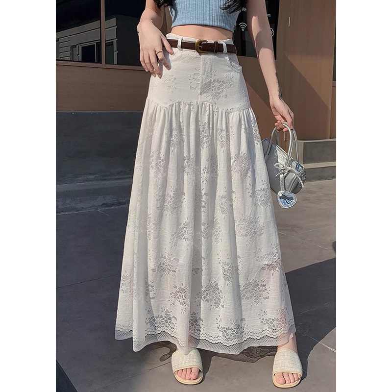 Art White Hollow Out High Waist Lace Skirt Summer