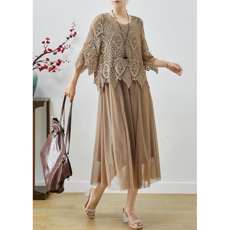Beautiful Khaki Lace Patchwork Tulle Fake Two Piece Dresses Summer