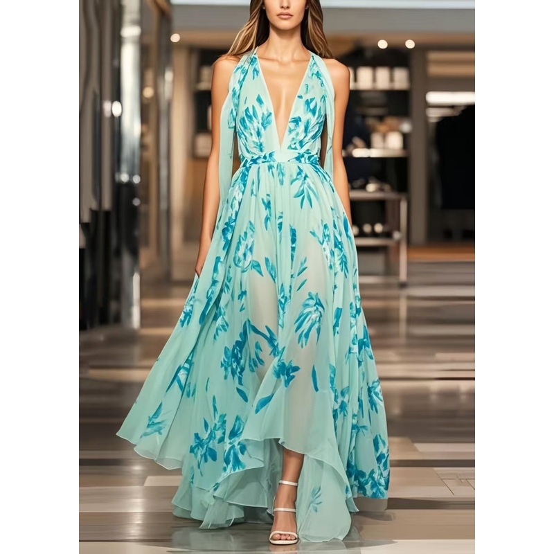 Beautiful Light Blue Print Exra Large Hem Chiffon Sundress Summer