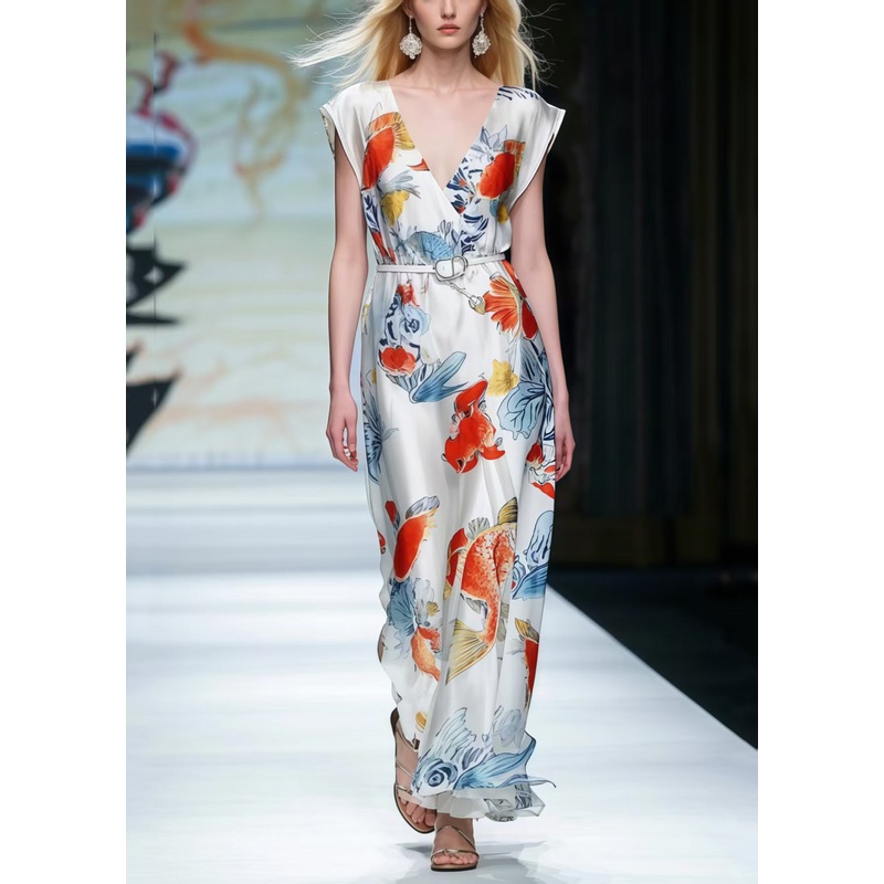 Beautiful White V Neck Print Silk Tunic Dresses Summer