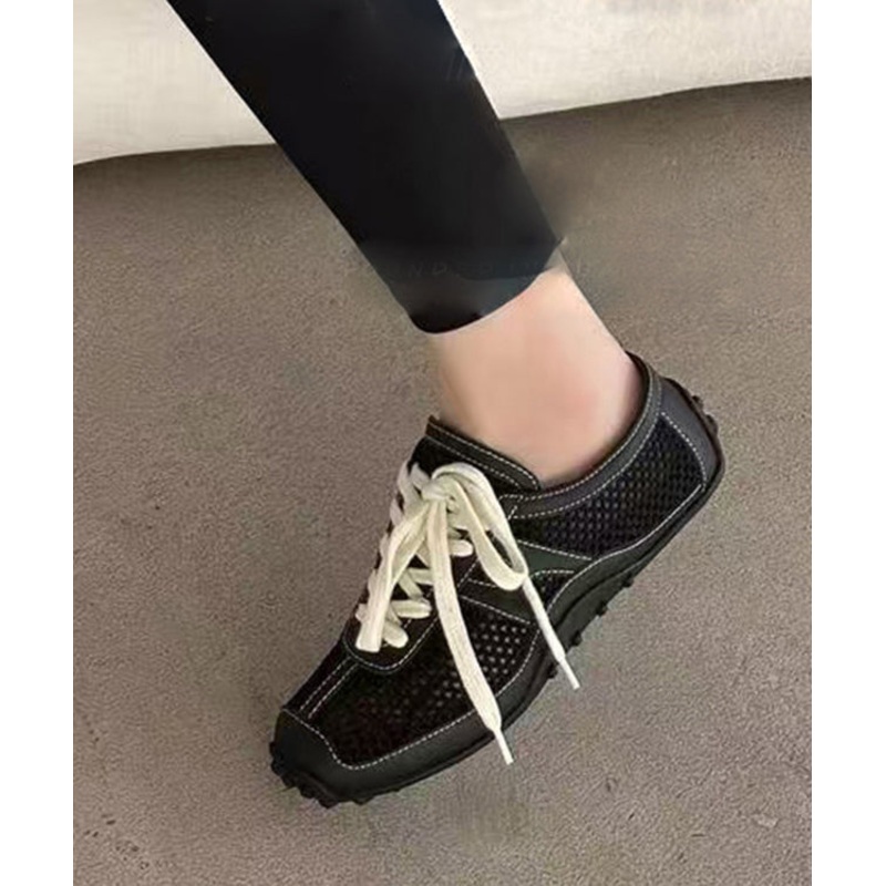 Black Breathable Mesh Splicing Cowhide Leather Flat Shoes